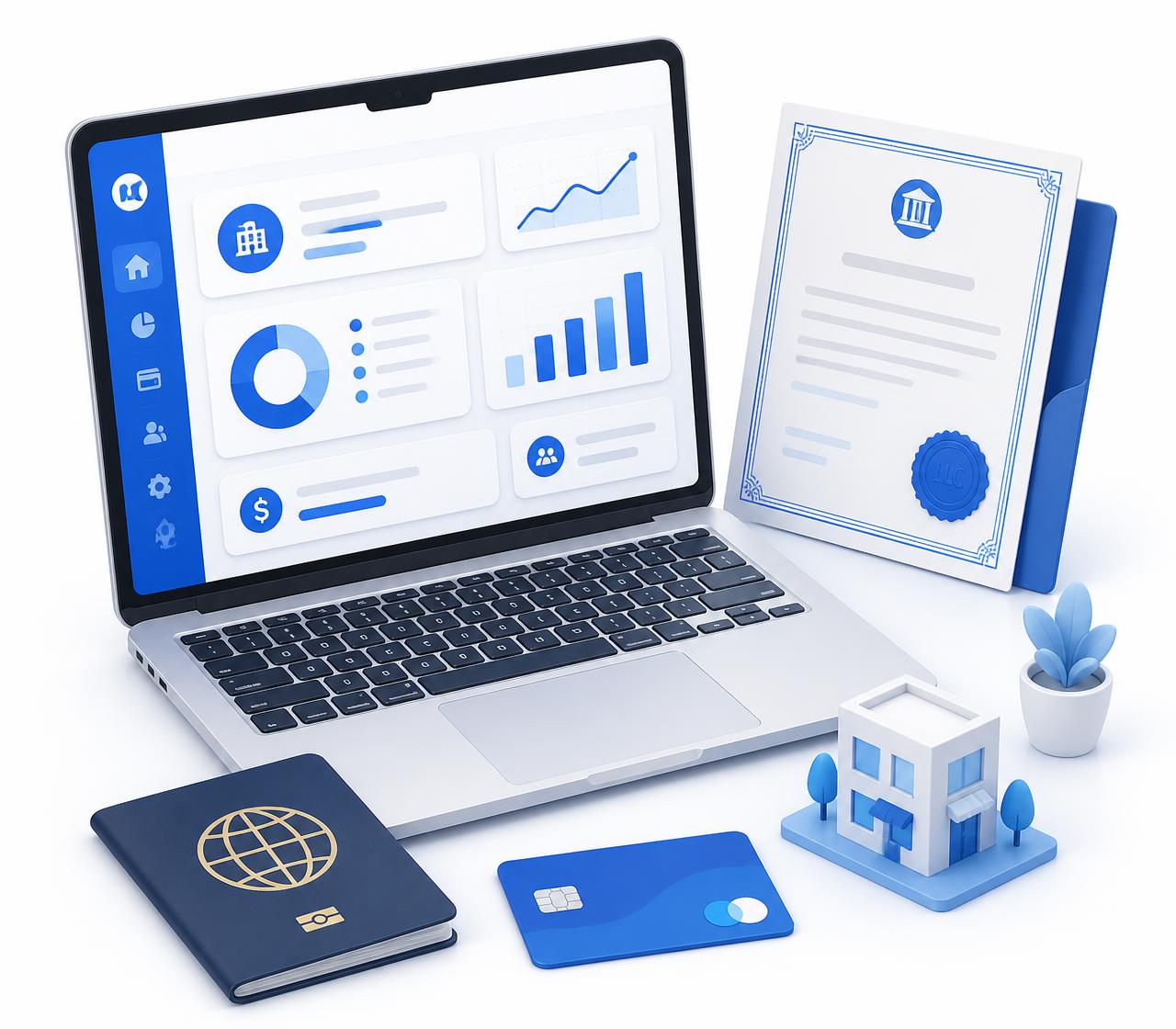 Notebook com painel da empresa, certificado de LLC americana, passaporte e cartão bancário